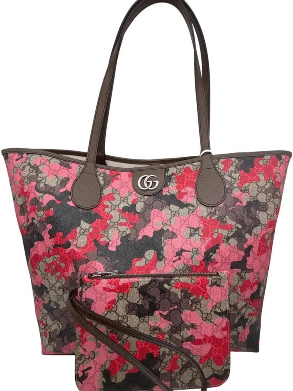 Gucci Pink & Brown Camouflage GG Supreme Tote with Pouch